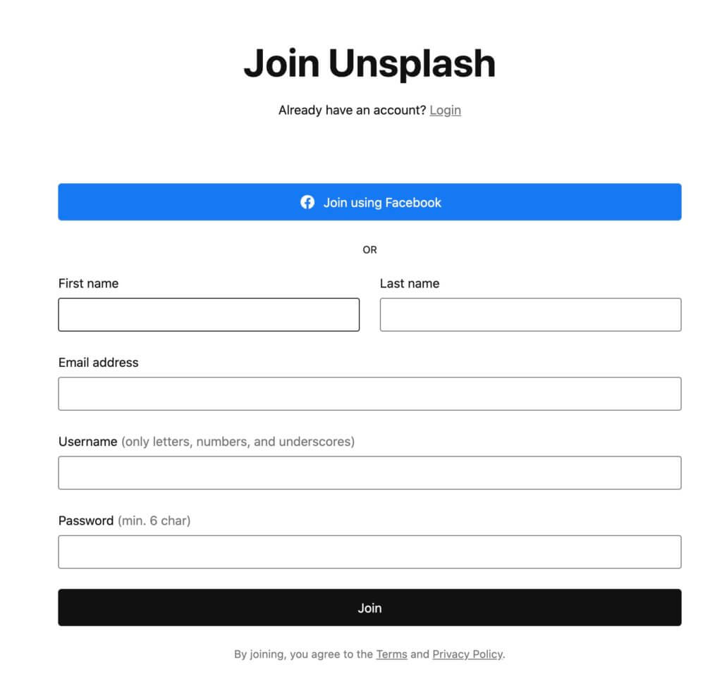 Unsplashの登録フォーム