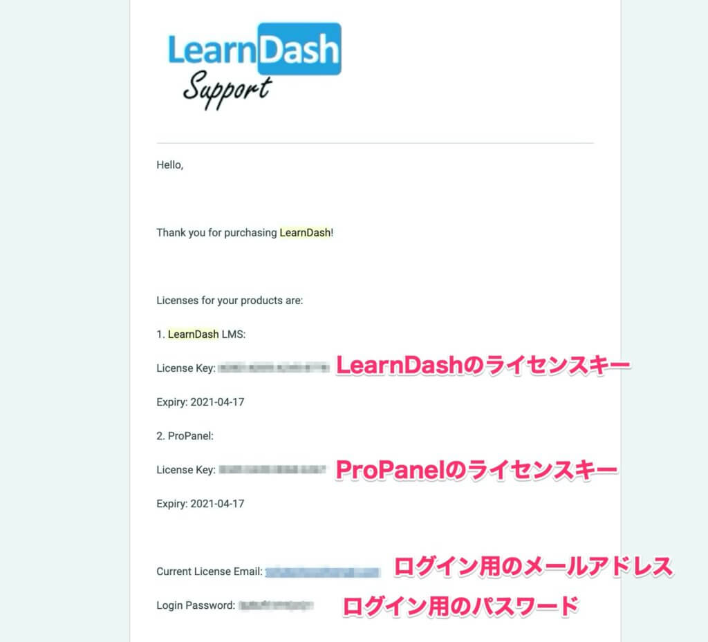 LearnDashのログイン情報とライセンスキー