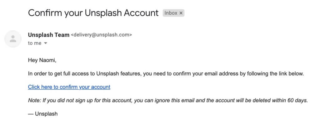 Unsplashの確認メール