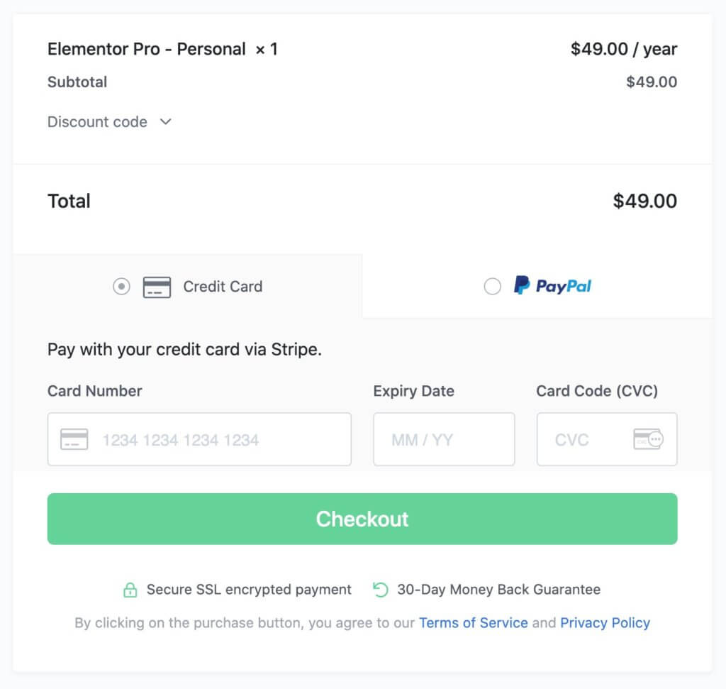 Elementor Pro購入のためのカード情報の入力画面