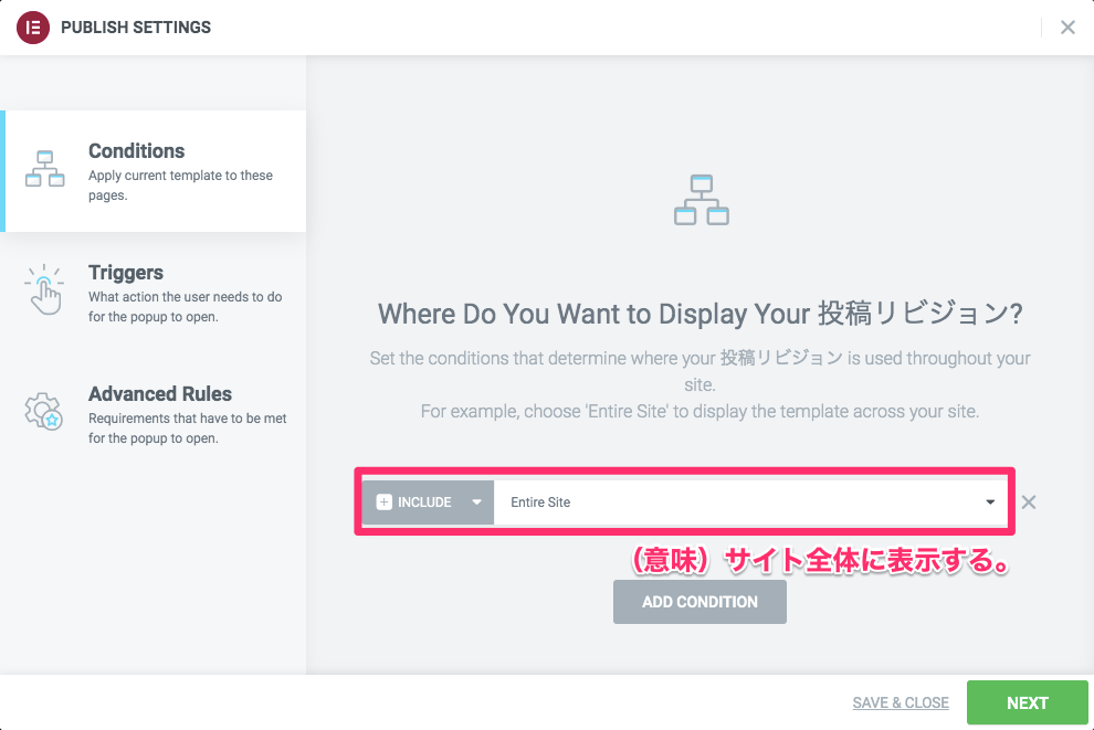 ConditionsのINCLUDE/Entire Siteが追加された表示画面