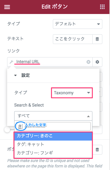 Internal URLのTaxonomyについての説明と、カテゴリー・タグページの選択
