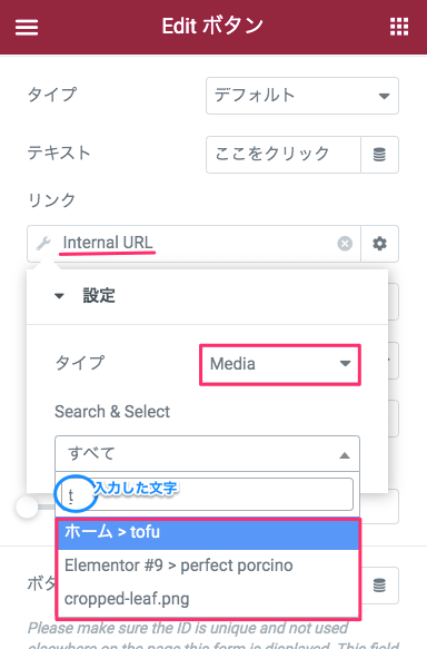 Internal URLのMediaについての説明とリンク先の選択