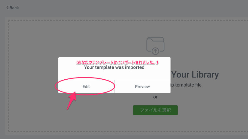 『Your template was imported』と『Edit / Preview』のメッセージ・『Edit』をクリック