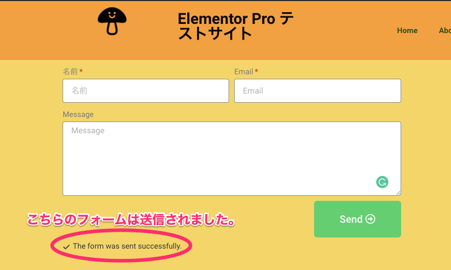 Submit後の表示画面（The form was sent successfully)