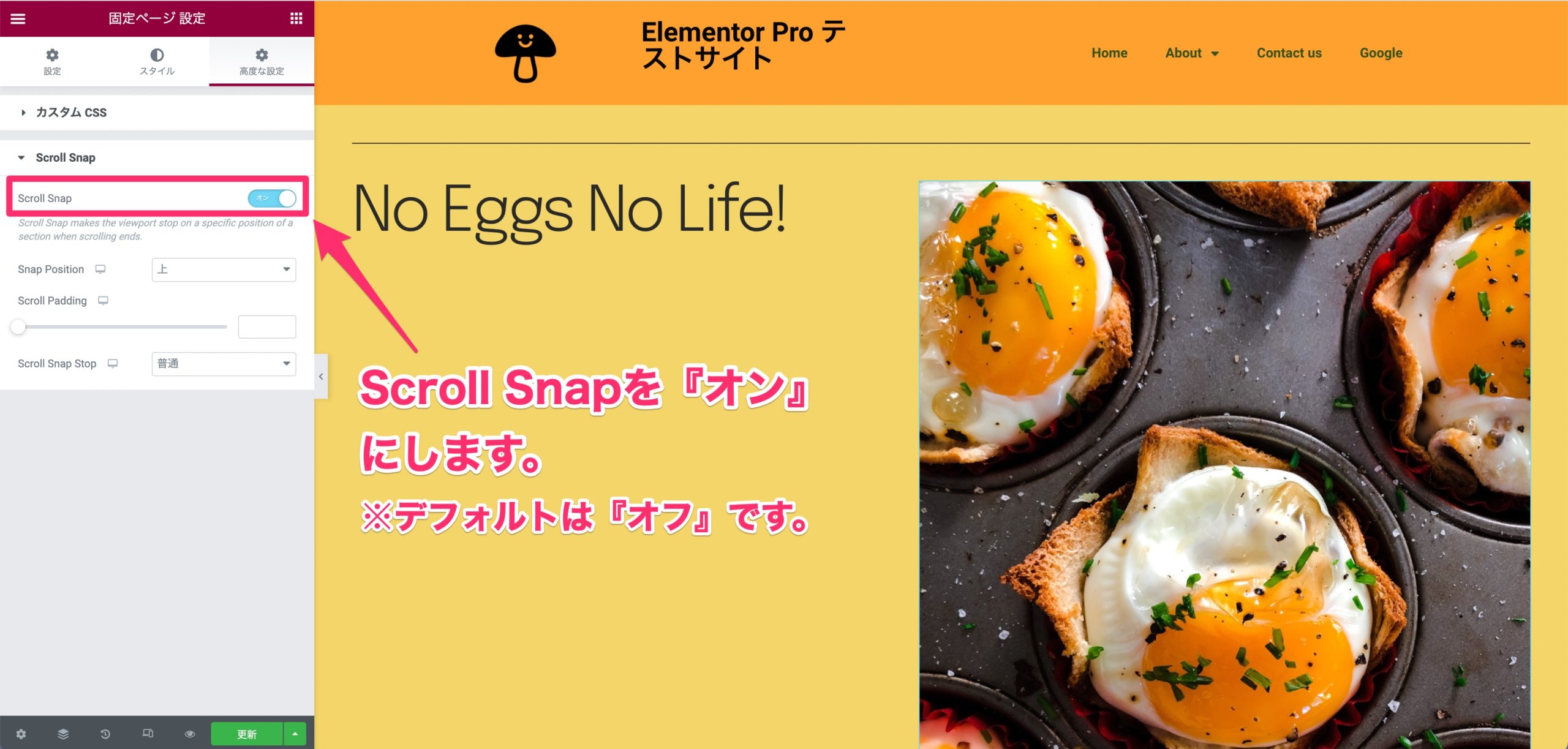 『Scroll Snap』を『オン』にしたときの表示画面