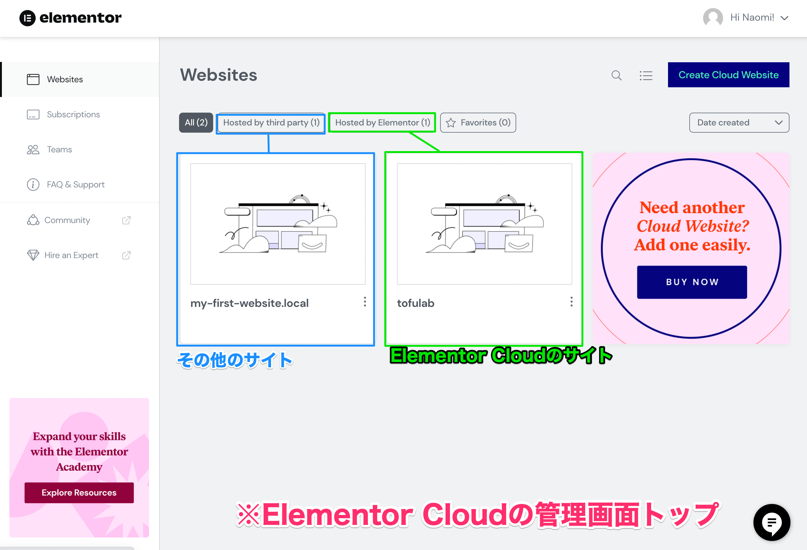 Elementor Cloudnの管理画面トップ