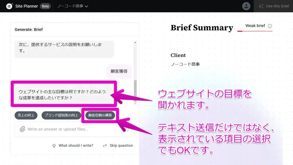 ウェブサイトの目標を伝える
