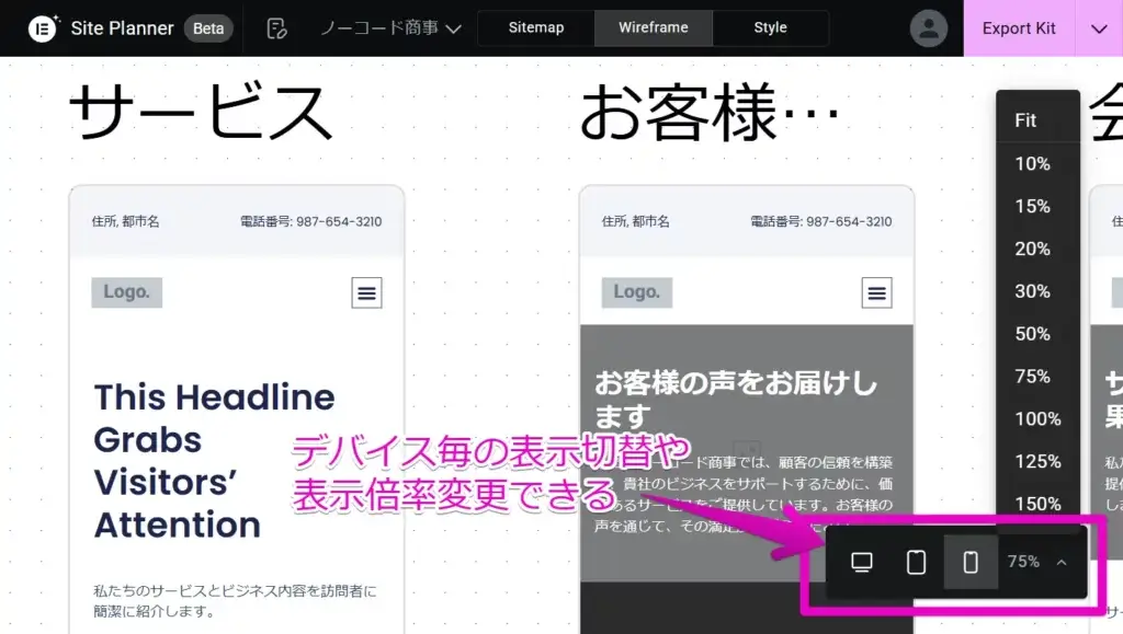デバイス毎の表示切替や表示倍率を設定できる
